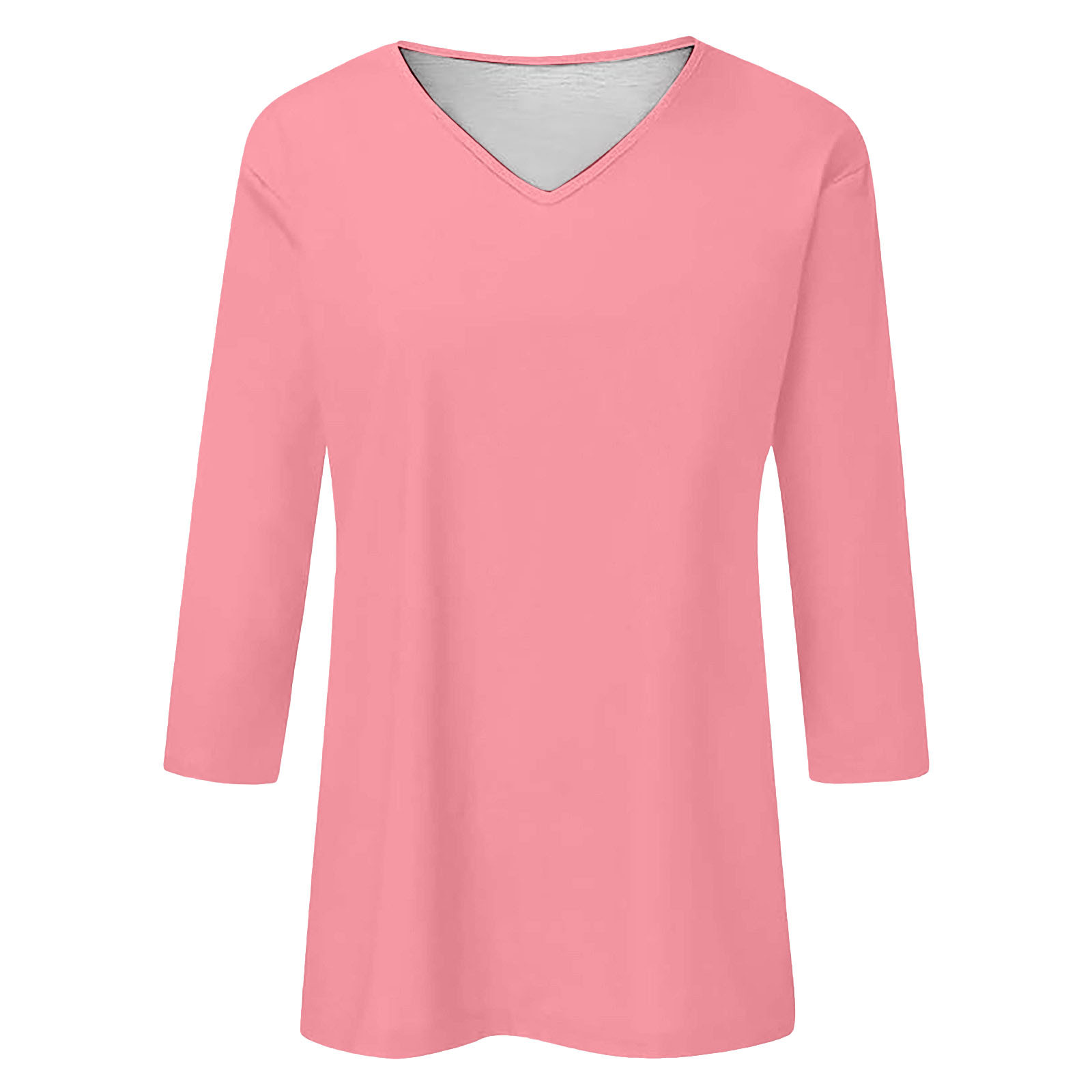 thumbnail image 4 of Camiseta básica de verano informal de color liso con cuello en V para mujer - Poliéster, manga 3/4, aberturas laterales - S-XXL, 4 of 5